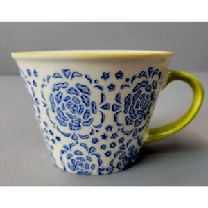Pier 1 Imports Hand Painted Stoneware Coffee Cup Mug Floral Stencil Blue White